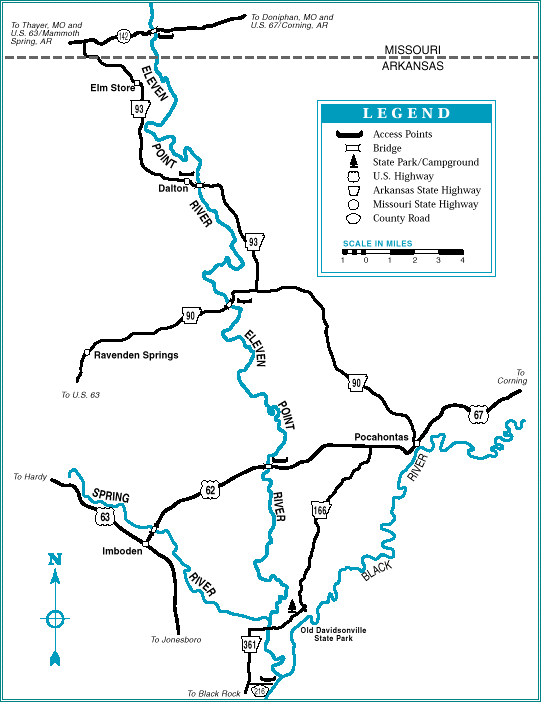 Eleven Point River map courtesy of Arkansas Department of Parks and Tourism and the Arkansas Floaters' Guide