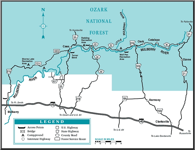Mulberry River map courtesy of Arkansas Department of Parks and Tourism