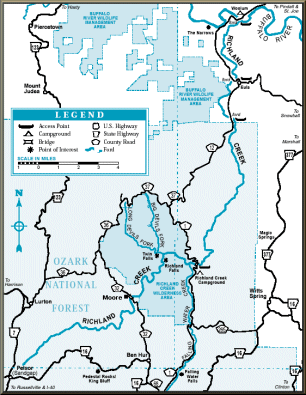 Richland Creek map courtesy of the Arkansas Department of Parks and Tourism and the Arkansas Floater's Guide